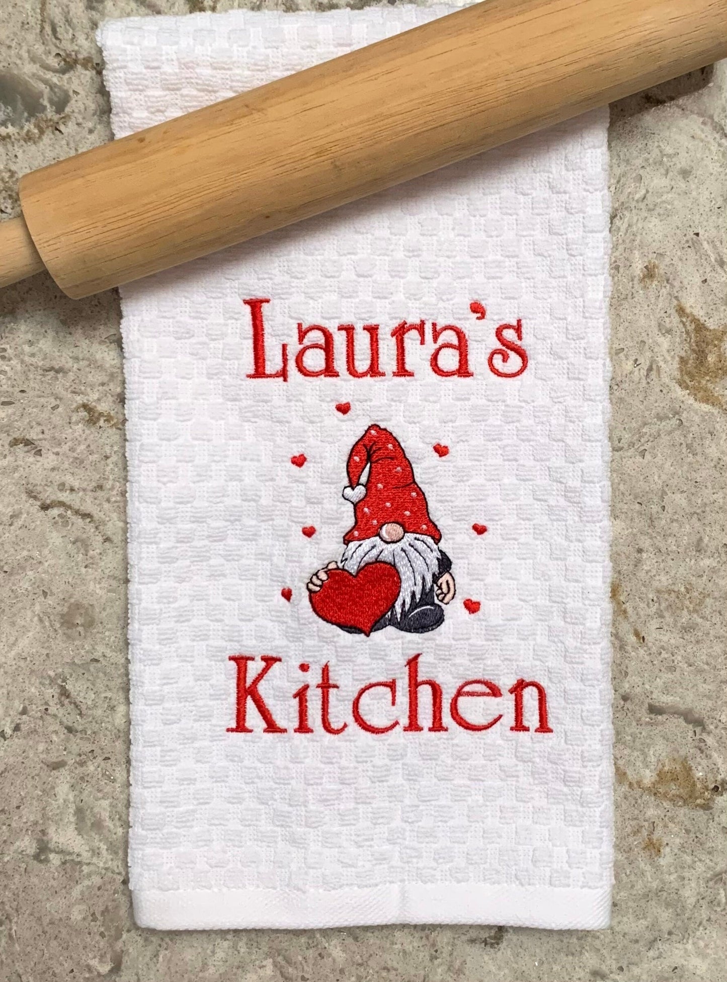Valentine Day Towel, White Kitchen Towel Gift, Gnome, Hearts, Personalized Gift, Embroidered Towel