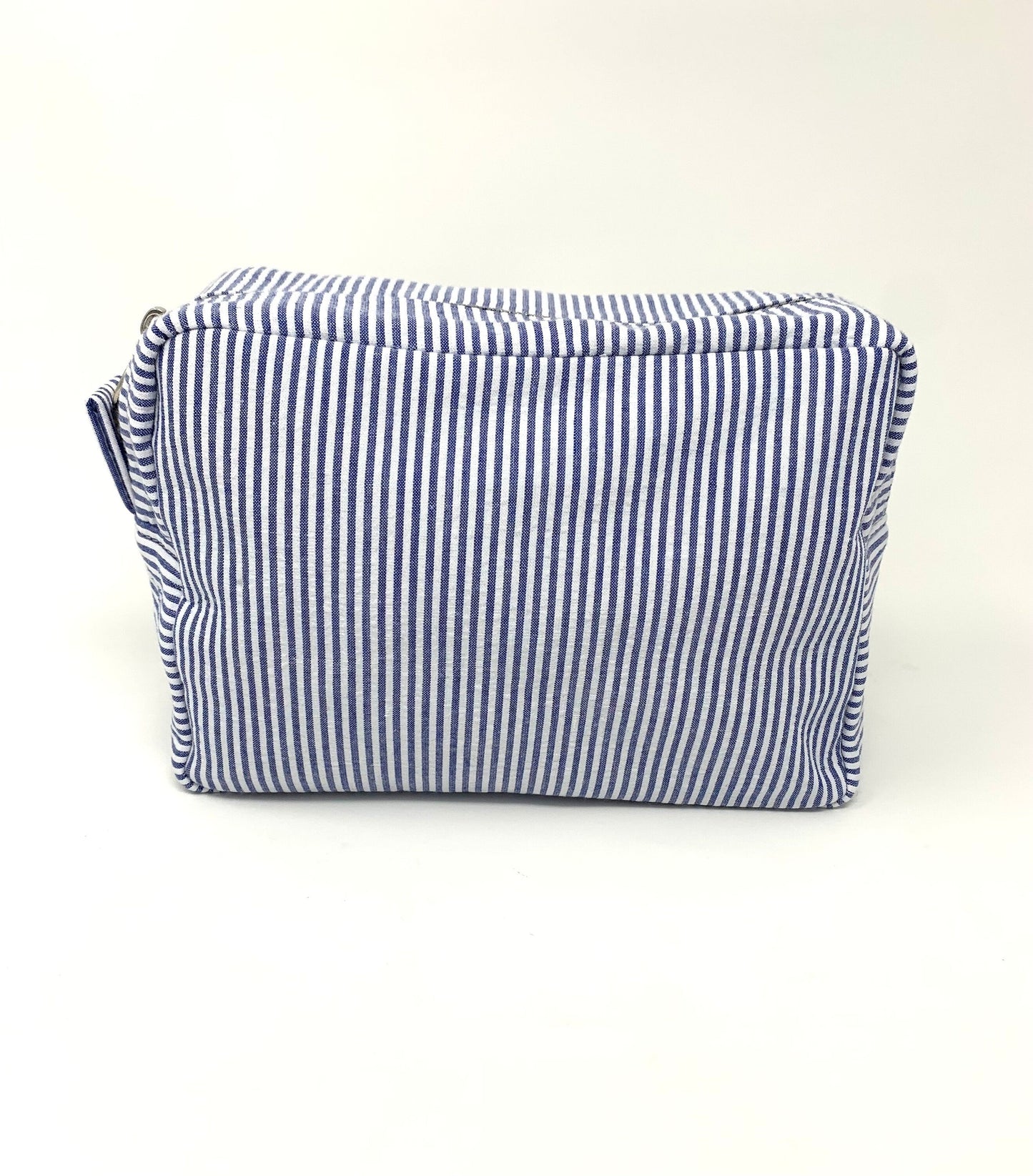 Navy Blue Make Up Cosmetic Toiletry Bag, Pin Stripes, Seer Sucker Cotton, Personalized Gift, Embroidered Gift, Bridesmaid Gift,