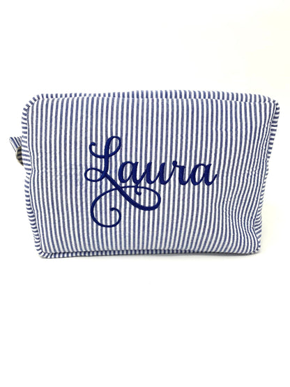 Navy Blue Make Up Cosmetic Toiletry Bag, Pin Stripes, Seer Sucker Cotton, Personalized Gift, Embroidered Gift, Bridesmaid Gift,