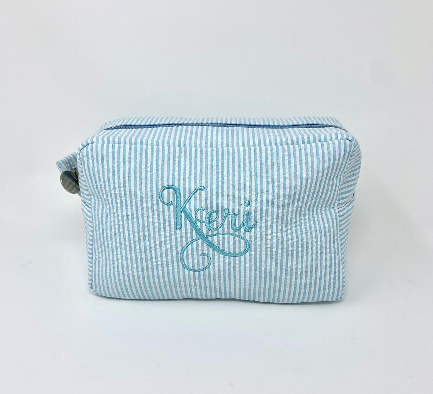 Aqua Light Blue Make Up Cosmetic Toiletry Bag, Pin Stripes, Seer Sucker Cotton, Personalized Gift, Embroidered Gift, Bridesmaid Gift