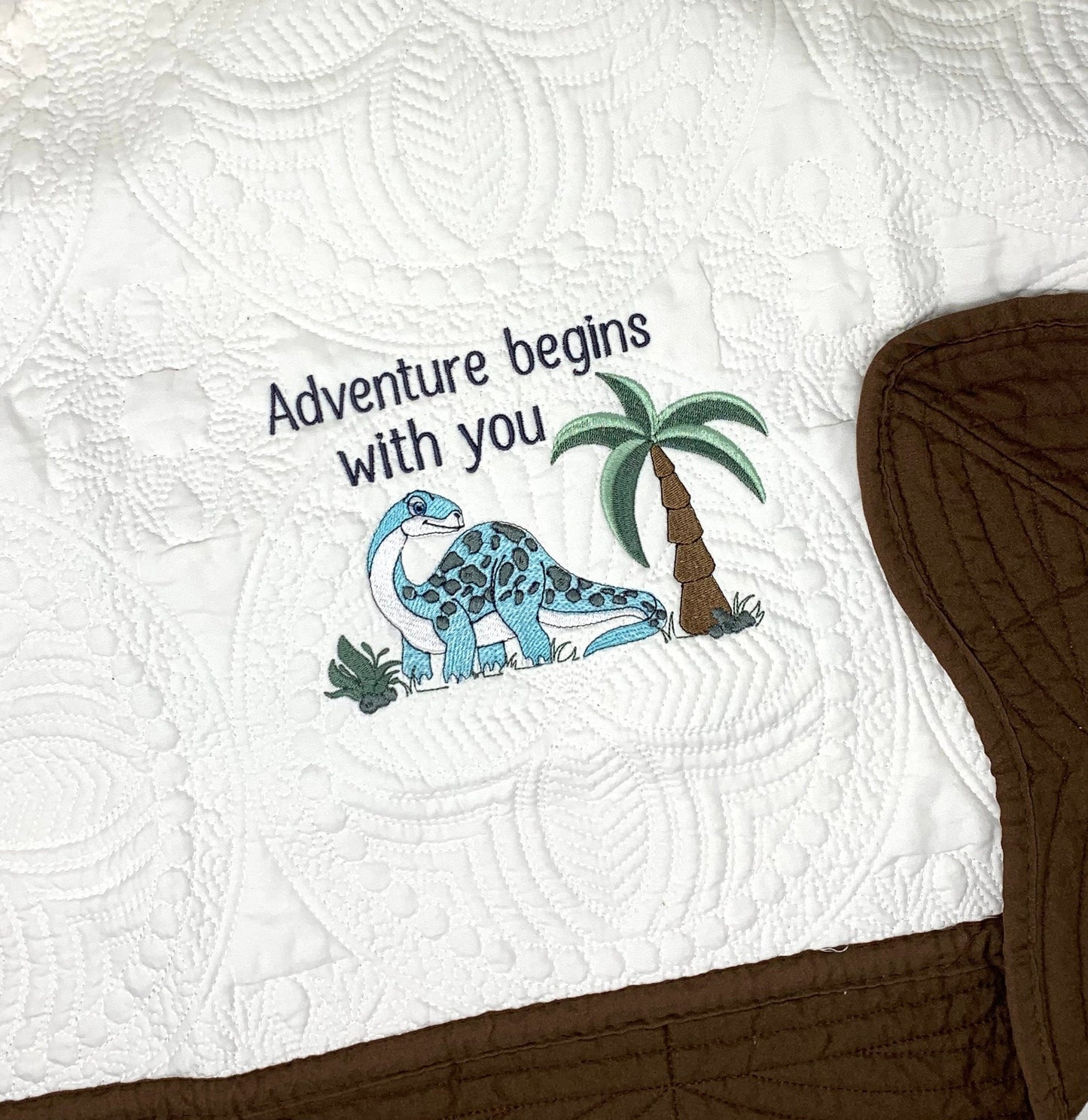 Dinosaur Boy Quilt, Personalized, Baby Blanket, Brown Quilt, New Baby Gift, Embroidered Name, Custom Baby Quilt