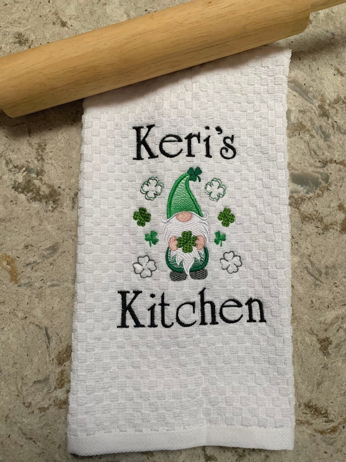 St. Patrick's Day Towel, White Kitchen Towel Gift, Gnome, Shamrocks, Clover, Personalized Gift, Embroidered Towel