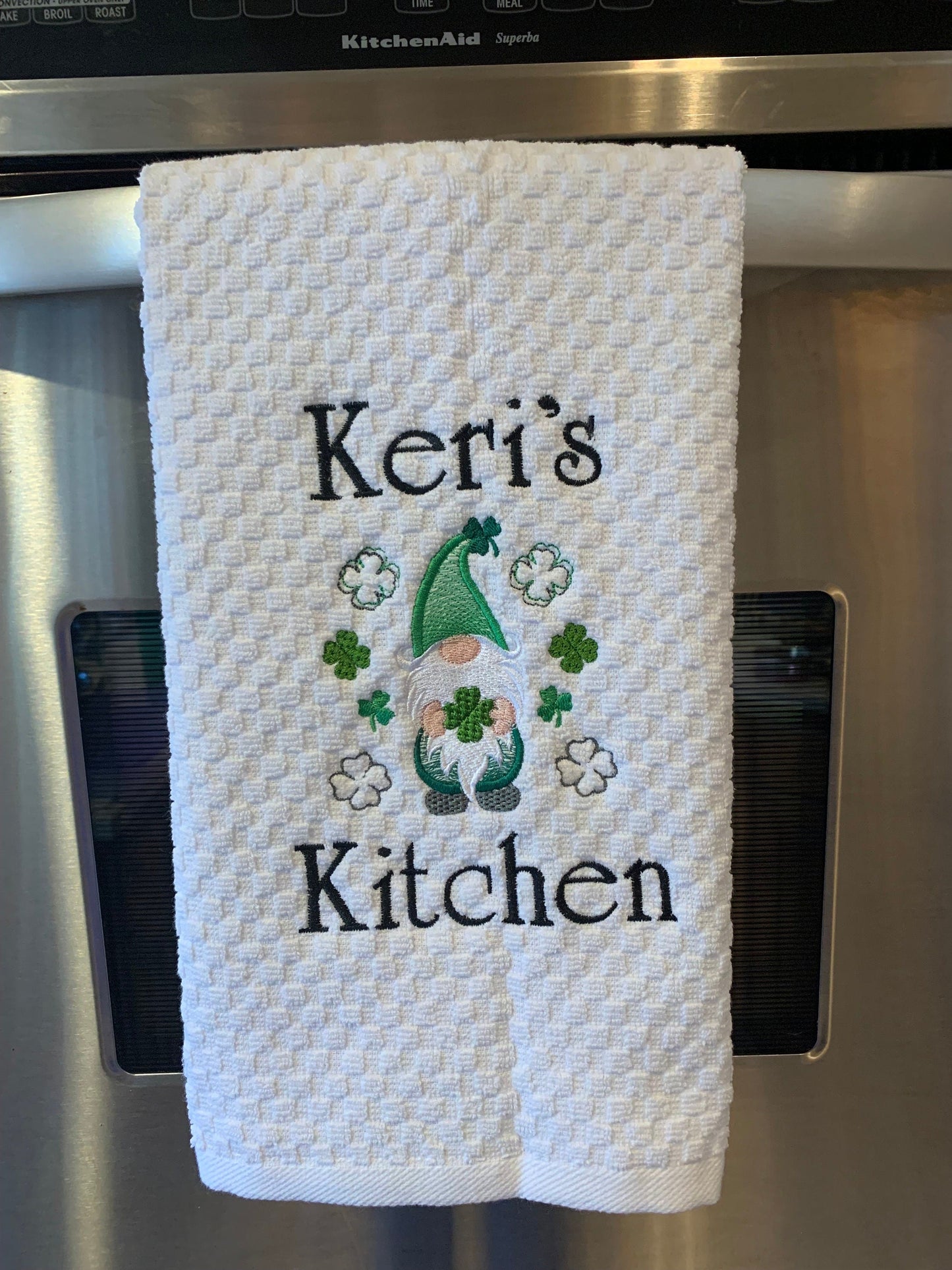 St. Patrick's Day Towel, White Kitchen Towel Gift, Gnome, Shamrocks, Clover, Personalized Gift, Embroidered Towel