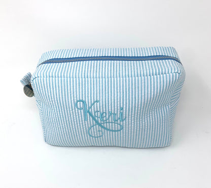 Aqua Light Blue Make Up Cosmetic Toiletry Bag, Pin Stripes, Seer Sucker Cotton, Personalized Gift, Embroidered Gift, Bridesmaid Gift