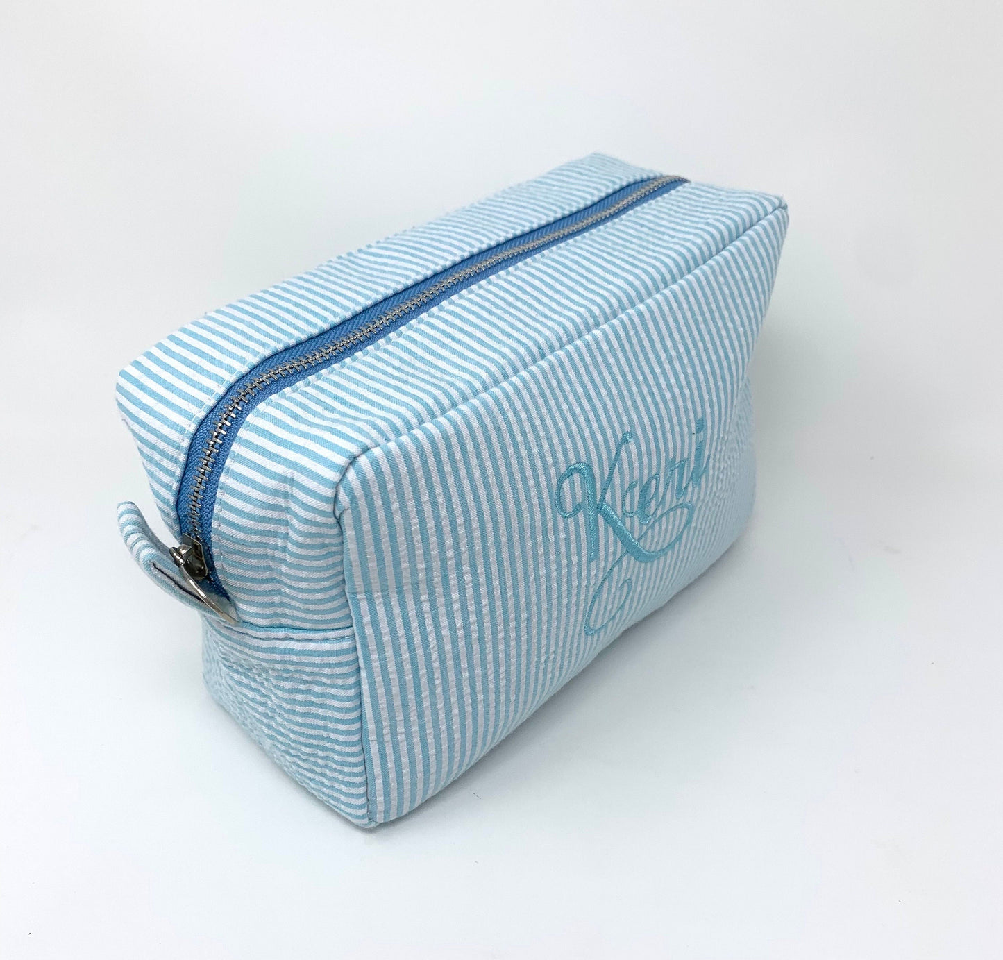 Aqua Light Blue Make Up Cosmetic Toiletry Bag, Pin Stripes, Seer Sucker Cotton, Personalized Gift, Embroidered Gift, Bridesmaid Gift