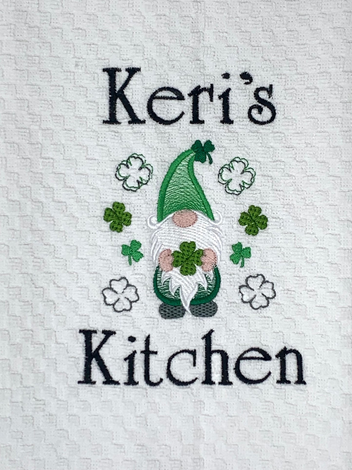 St. Patrick's Day Towel, White Kitchen Towel Gift, Gnome, Shamrocks, Clover, Personalized Gift, Embroidered Towel