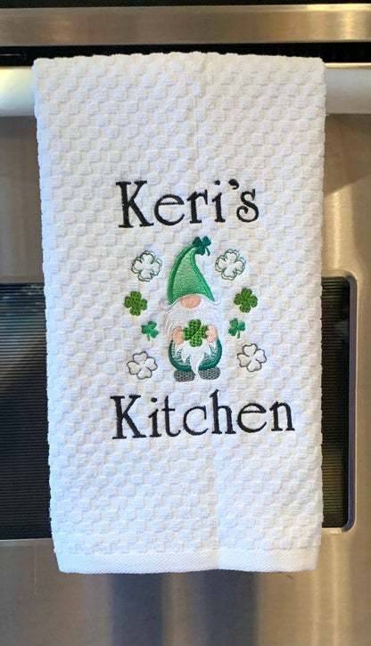 St. Patrick's Day Towel, White Kitchen Towel Gift, Gnome, Shamrocks, Clover, Personalized Gift, Embroidered Towel