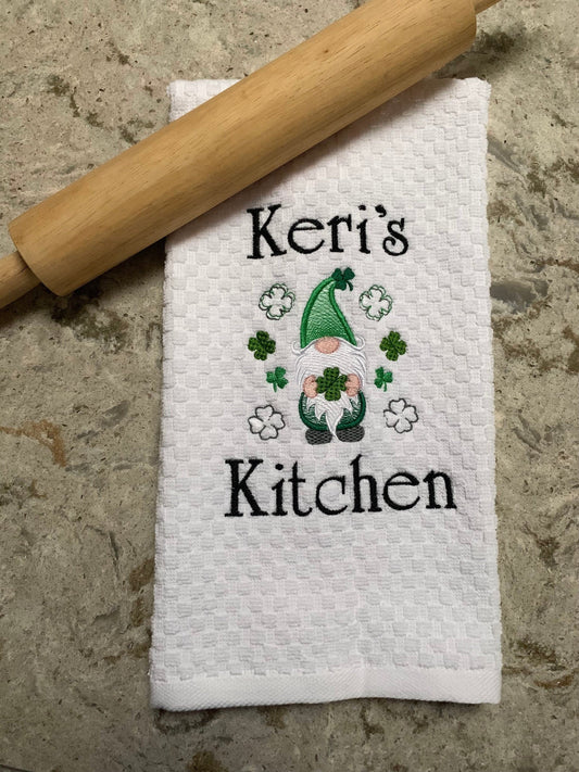 St. Patrick's Day Towel, White Kitchen Towel Gift, Gnome, Shamrocks, Clover, Personalized Gift, Embroidered Towel