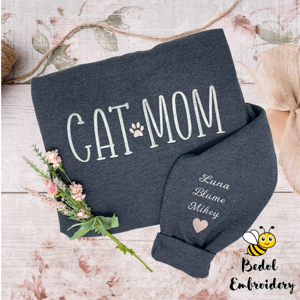 Cat Mom sweatshirt, personalized shirt, Custom embroidery, Heather Gray, Cat Lover Gift