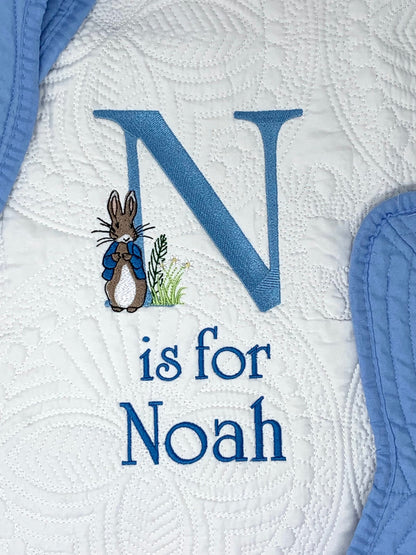 Personalized Blue Baby Boy Bunny Quilt