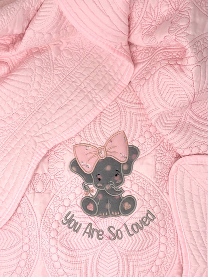 Elephant Baby Girl Quilt, Personalized, Applique, Baby Blanket, Scallop Pink Quilt, New Baby Gift, Embroidered Name, Custom Baby Quilt