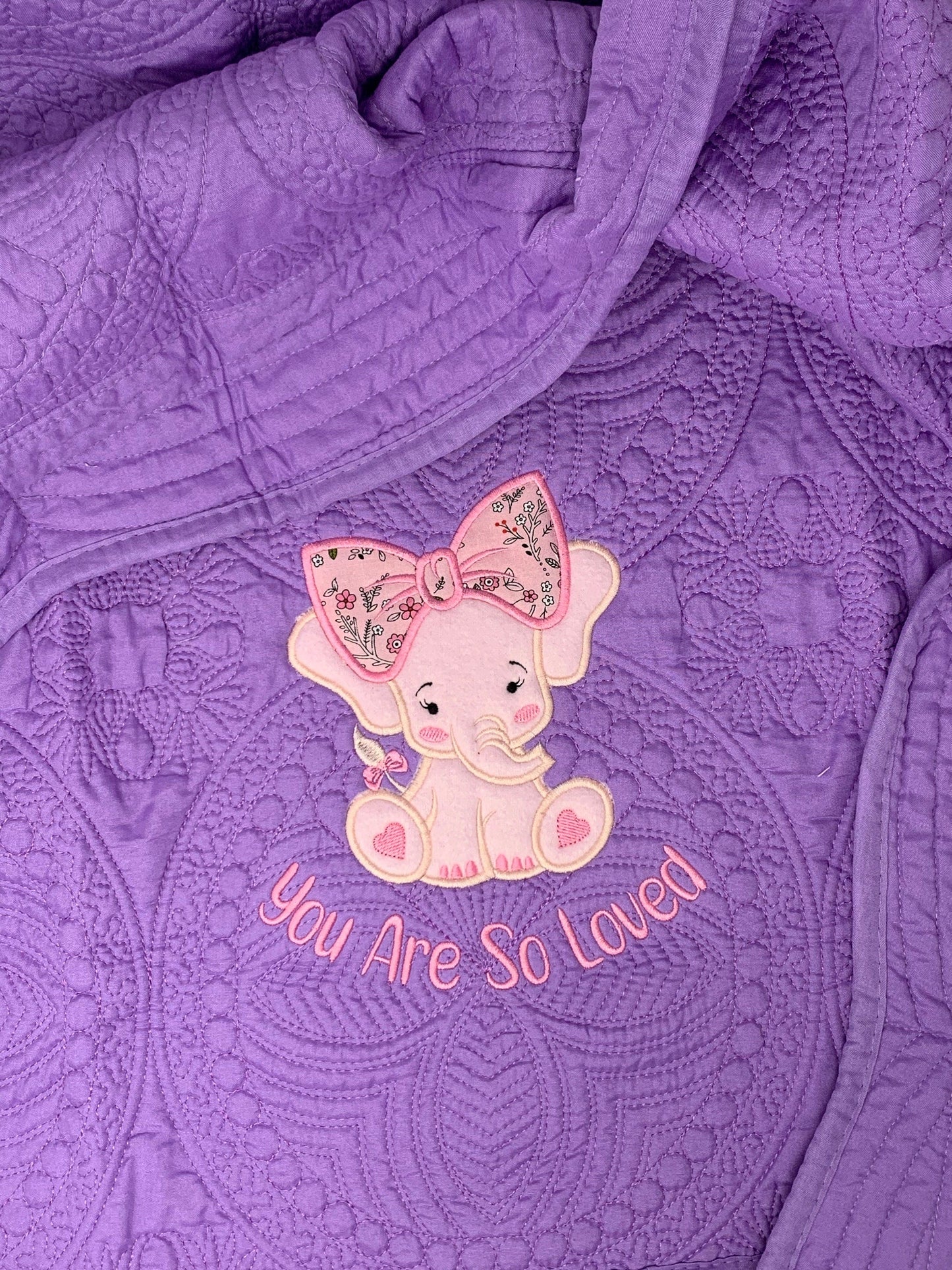 Elephant Baby Girl Quilt, Personalized, Applique, Baby Blanket, Scallop Purple Quilt, New Baby Gift, Embroidered Name, Custom Baby Quilt