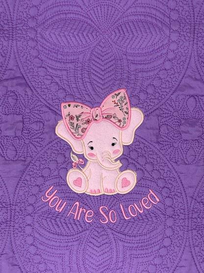 Elephant Baby Girl Quilt, Personalized, Applique, Baby Blanket, Scallop Purple Quilt, New Baby Gift, Embroidered Name, Custom Baby Quilt