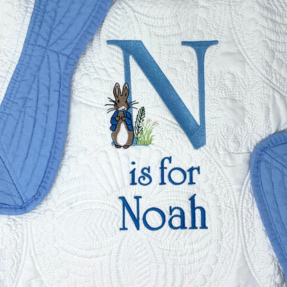Personalized Blue Baby Boy Bunny Quilt