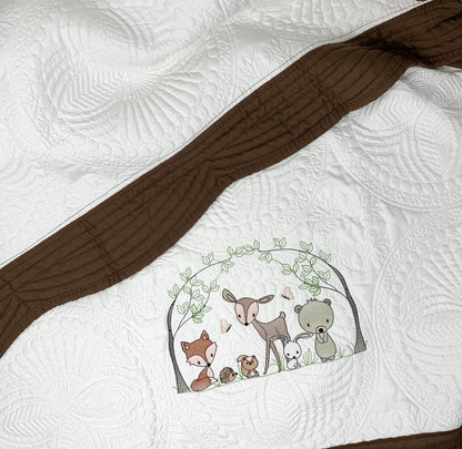 Personalized Baby Quilt, Forest Animals,  Baby Blanket, Brown Quilt, New Baby Gift, Boy, Girl, Gender Neutral, Embroidered Name, Custom Baby