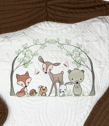 Personalized Baby Quilt, Forest Animals,  Baby Blanket, Brown Quilt, New Baby Gift, Boy, Girl, Gender Neutral, Embroidered Name, Custom Baby